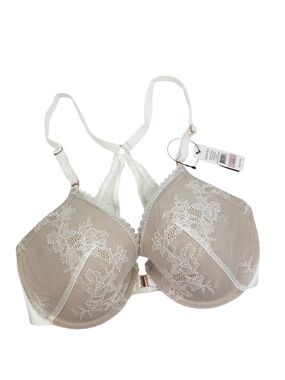 Skarlett Blue Taupe Plunge Bra with White Lace Overlay Size 34D
